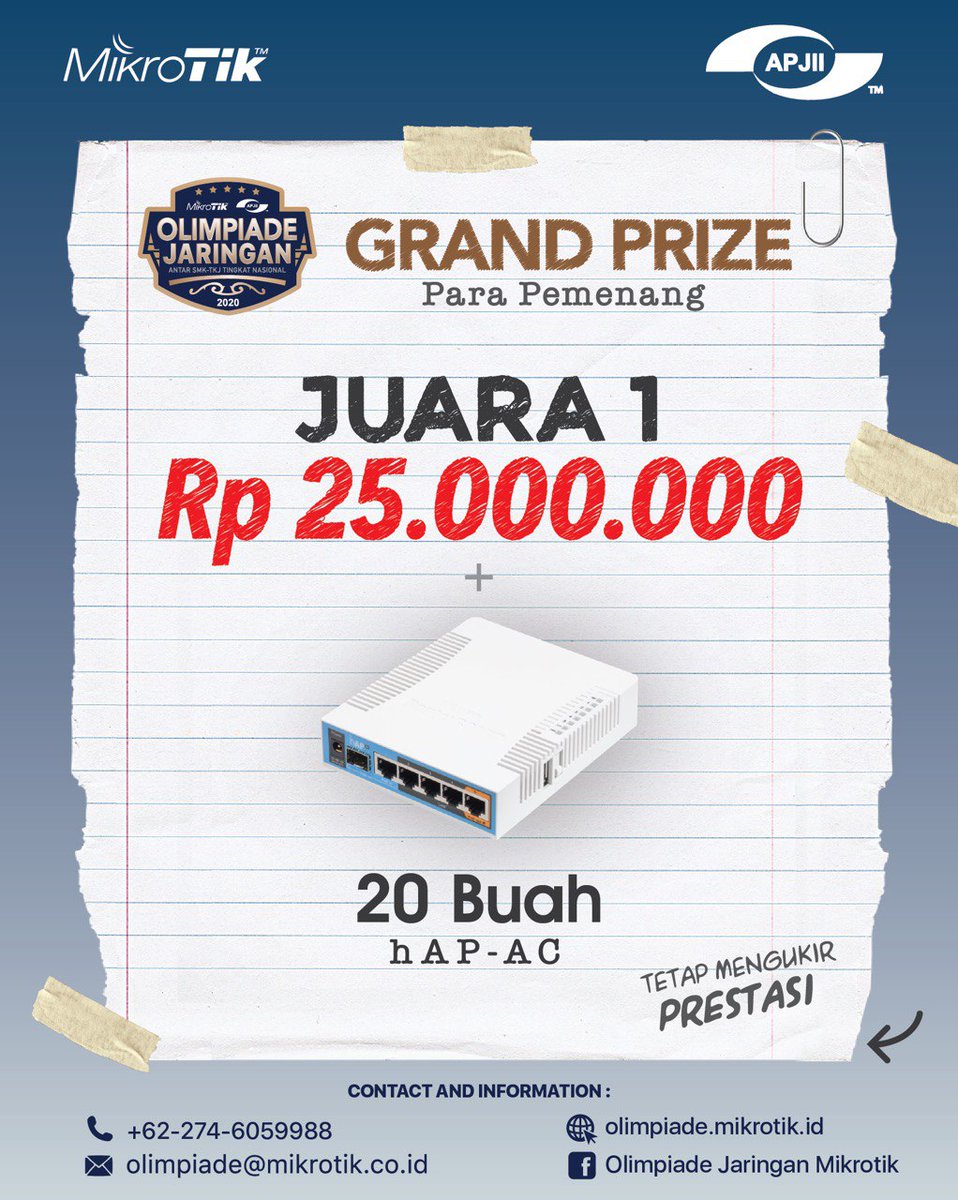 mikrotik_id's tweet photo. Total Hadiah Lebih Dari Rp 200 Juta!
Terdiri dari Uang pembinaan + Perangkat Mikrotik untuk Tim Olimpiade Jaringan Mikrotik-APJII 2020 yang berhasil lolos 20 besar
Info Lengkap:
https://t.co/DumiGEjxL0
#OLJAR #OJM2020 #OlimpiadeJaringan #Mikrotik #APJII #SMK #TKJ #Citraweb #CST https://t.co/OYwJVFvVEm