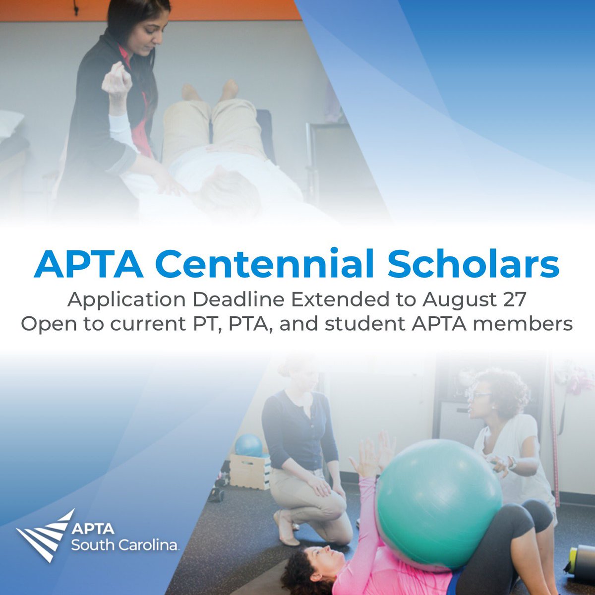 scapta.org/docs/Centennia…

Deadline is August 27 to be considered for a spot as the South Carolina representative for the @APTAtweets Centennial Scholar Program.