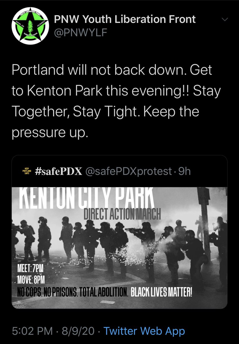 MrAndyNgo's tweet photo. Antifa have organized another riot for north Portland tonight. Last night, they tried to burn down the police union after breaking inside. They are meeting at Kenton Park now. #PortlandRiots #antifa https://t.co/wVCTlukiDy