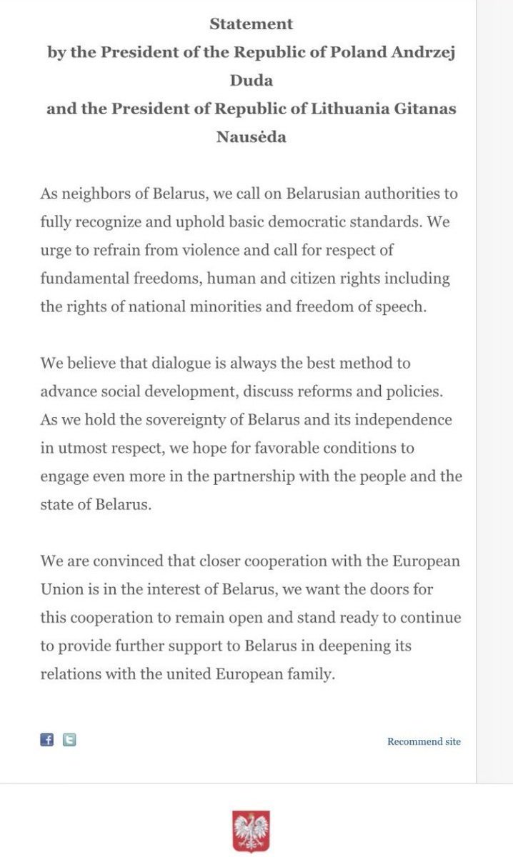  #Belarus: the presidents of  #Poland and  #Lithuania have come forward with a joined statement, calling on the Belarusian regime to respect the democratic process, and refrain from using violence