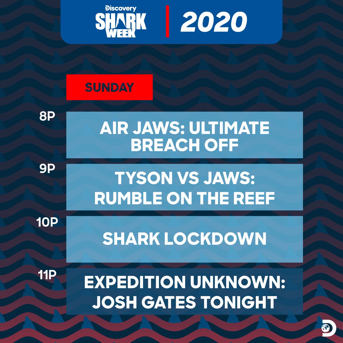 Here's what's comin' at you in T-30 minutes. 

Who's ready for night 1 of #SharkWeek, starting on <a href="/Discovery/">Discovery</a> at 8p!