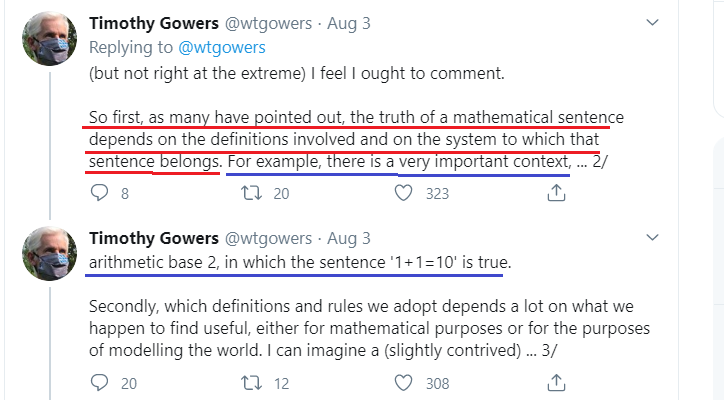 4/Argument 1 comes from Tim Gowers winner of the Fields Medal (basically the nobel prize of math). please read his argument.This is hard, let's break it down: The part underlined in red say we have to decide what the symbols in math mean, and the rules of the system. So...