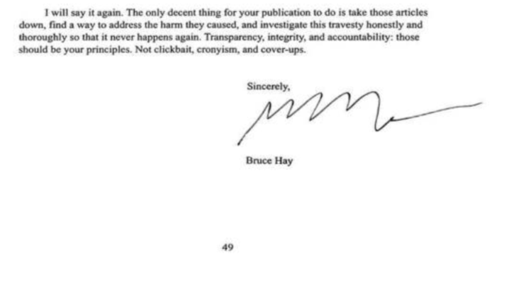 29. Found another example of Hay’s signature on an endorsed check from July 2017. He really does sign differently every time. See tweet #27 for sources for other signatures.1. Exhibit J - Hayes v. New York Media et al