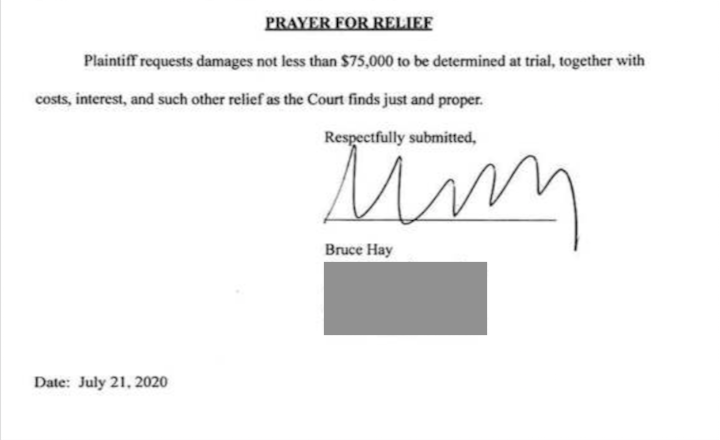 29. Found another example of Hay’s signature on an endorsed check from July 2017. He really does sign differently every time. See tweet #27 for sources for other signatures.1. Exhibit J - Hayes v. New York Media et al