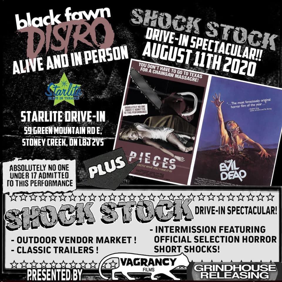 Black Fawn is BACK &amp; this time we’re back to back, supporting a double-feature that will tear you in two! 
This Tuesday, Black Fawn will have a booth at the Shock Stock Drive In screening of Pieces &amp; The Evil Dead at the Starlight Drive-In in Hamilton . Come Say Hi, we miss you!