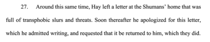 32. The Shumans’ complaint paints Hay as an obsessed stalker who sexually assaulted both Mischa & Maria-Pia on numerous occasions that appear to span 2015–2017, lied to the Cambridge Police, Harvard, and his wife about them.