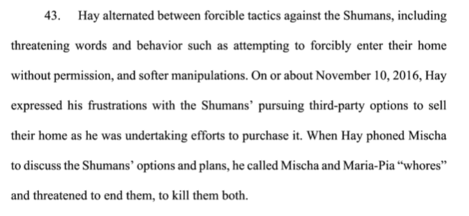 33. Shuman complaint alleges that Hay made suicidal and homicidal threats.