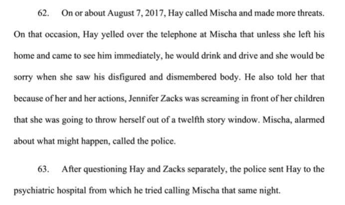33. Shuman complaint alleges that Hay made suicidal and homicidal threats.