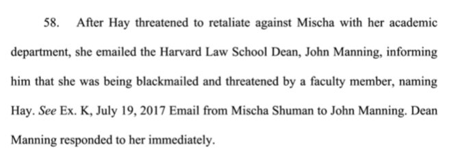 39. The complaint alleges that Hay engaged in retaliatory behavior at Harvard against Mischa, a physics PhD student. That and his previous sexual misconduct resulted in Mischa’s Title IX complaint.