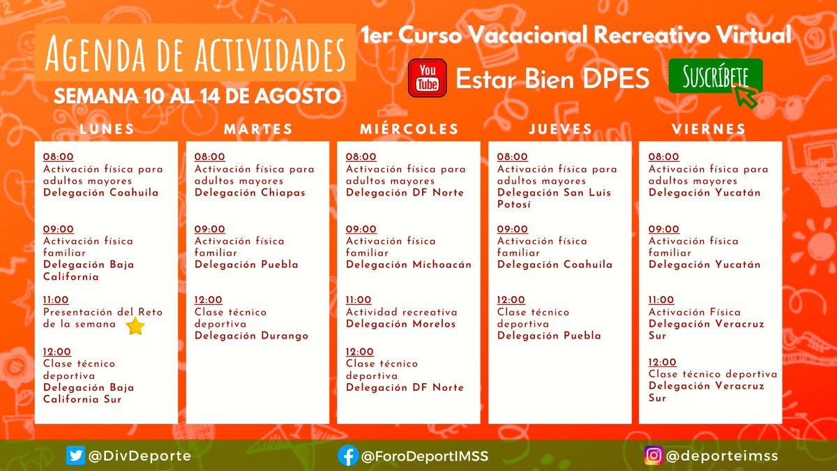 DIVDeporte's tweet photo. Les dejamos la agenda de esta semana en el #CVRV2020
Acompáñanos en el canal de YouTube “Estar Bien DPES” y actívate en familia!!!
https://t.co/OA4zOsqBFf
#IMSSDeporte #DivDeporte #EstarBien #SummerCamp https://t.co/PX1uhp2AhL