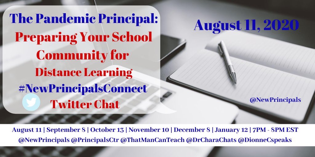 #NewPrincipalsConnect (@newprincipals) on Twitter photo It’s ⏰ for our #NewPrincipalsConnect 👥 Chat 💭
Our Theme👉🏼 “The Pandemic Principal: Preparing Your School Community for Distance Learning”
🗓: Tuesday, August 1️⃣1️⃣
⏰: 7-8pm EST
💻: Retweet & tag another #PrinciPAL to join us 🤗<a href="/thatmancanteach/">Dr. Gregory Gardner, Jr.</a> <a href="/DrCharaChats/">Dʀ. Cʜᴀʀᴀ N. Wɪʟʟᴀғᴏʀᴅ | #BeYourBestYet</a> <a href="/DionneCspeaks/">Dr. Dionne Cowan</a> It’s ⏰ for our #NewPrincipalsConnect 👥 Chat 💭
Our Theme👉🏼 “The Pandemic Principal: Preparing Your School Community for Distance Learning”
🗓: Tuesday, August 1️⃣1️⃣
⏰: 7-8pm EST
💻: Retweet & tag another #PrinciPAL to join us 🤗<a href="/thatmancanteach/">Dr. Gregory Gardner, Jr.</a> <a href="/DrCharaChats/">Dʀ. Cʜᴀʀᴀ N. Wɪʟʟᴀғᴏʀᴅ | #BeYourBestYet</a> <a href="/DionneCspeaks/">Dr. Dionne Cowan</a>