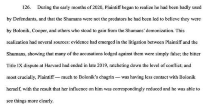 40. The outcome of Mischa’s Title IX complaint is not public. The Shumans' complaint notes that those proceedings are confidential. Hay’s complaint said that "the bitter Title IX dispute at Harvard had ended in late 2019”.