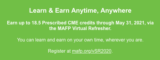 MNFamilyDocs's tweet photo. Can't join the LIVE events but looking for virtual #CME options? Earn up to 18.5 Prescribed CME credits through May 31, 2021, via the virtual #MAFPRefresher. You can learn & earn on your own time, wherever you are. Register at https://t.co/sXSSGbRJhr. #FMRevolution https://t.co/9U8CK3Py3o