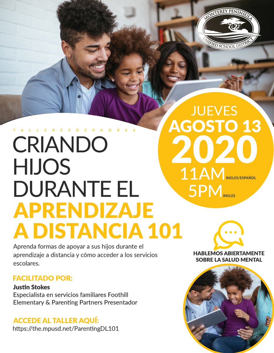 SeasideMiddle's tweet photo. Hola aguilas! Visite Parent Square para ver el enlace para unirse al registro en vivo del primer período a las 8 am mañana.

Si te perdiste nuestro SMS Town Hall, aquí tienes el enlace: https://t.co/6x4HaSA8WR

¡Y mira estos próximos talleres de MPUSD! https://t.co/NMrPQmQVsk