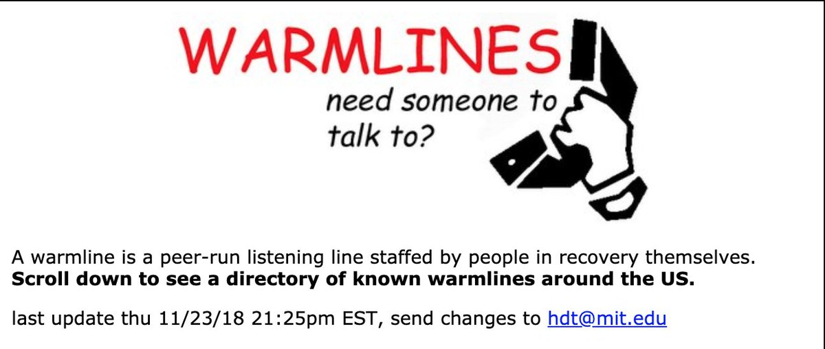 (2/2) If you would like formal crisis support, you can call <a href="/800273TALK/">The Lifeline</a>, <a href="/TransLifeline/">Trans Lifeline</a>, or <a href="/TrevorProject/">The Trevor Project</a>, and <a href="/CrisisTextLine/">Crisis Text Line</a>. If you’d like to talk to a peer, warmline.org and <a href="/IASPinfo/">International Association for Suicide Prevention</a> contain links to warmlines in the United States and around the globe. #spsm