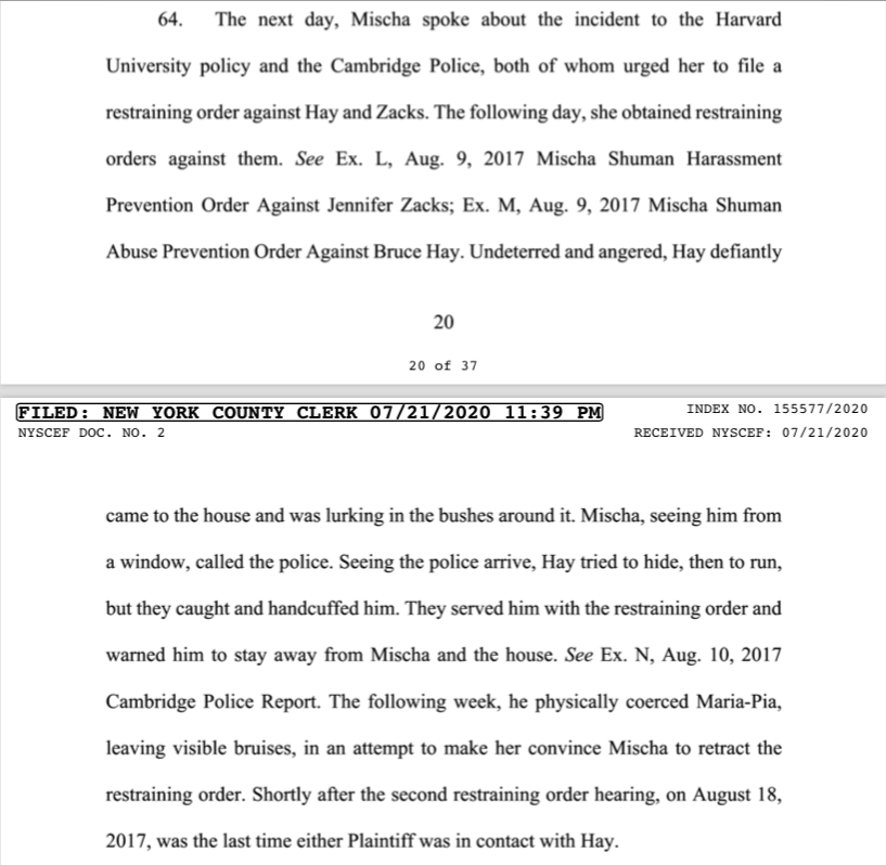 52. The complaint states that the Shumans, who now reside in Paris, France, have not had contact with Hay since the second restraining order hearing in August 2017.