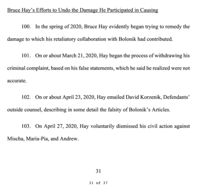 50. According to the complaint, Hay has been attempting to resolve this with New York magazine since at least 4/23/20. It appears that the Shumans’ attorneys have access to all of Hay’s emails to New York magazine & Vox editors + New York Media attorney.