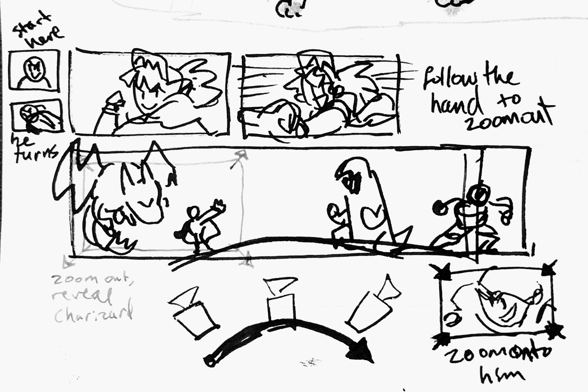 so, a breakdown of how the camera moves!1. close up focus on leon2. he winds up -- we follow his hand3. throws out his hand, zoom out, reveal charizard4. char shoots fire, camera pans following fire, reveals duraludon, dura counters5. move past dura, zooms in on raihan