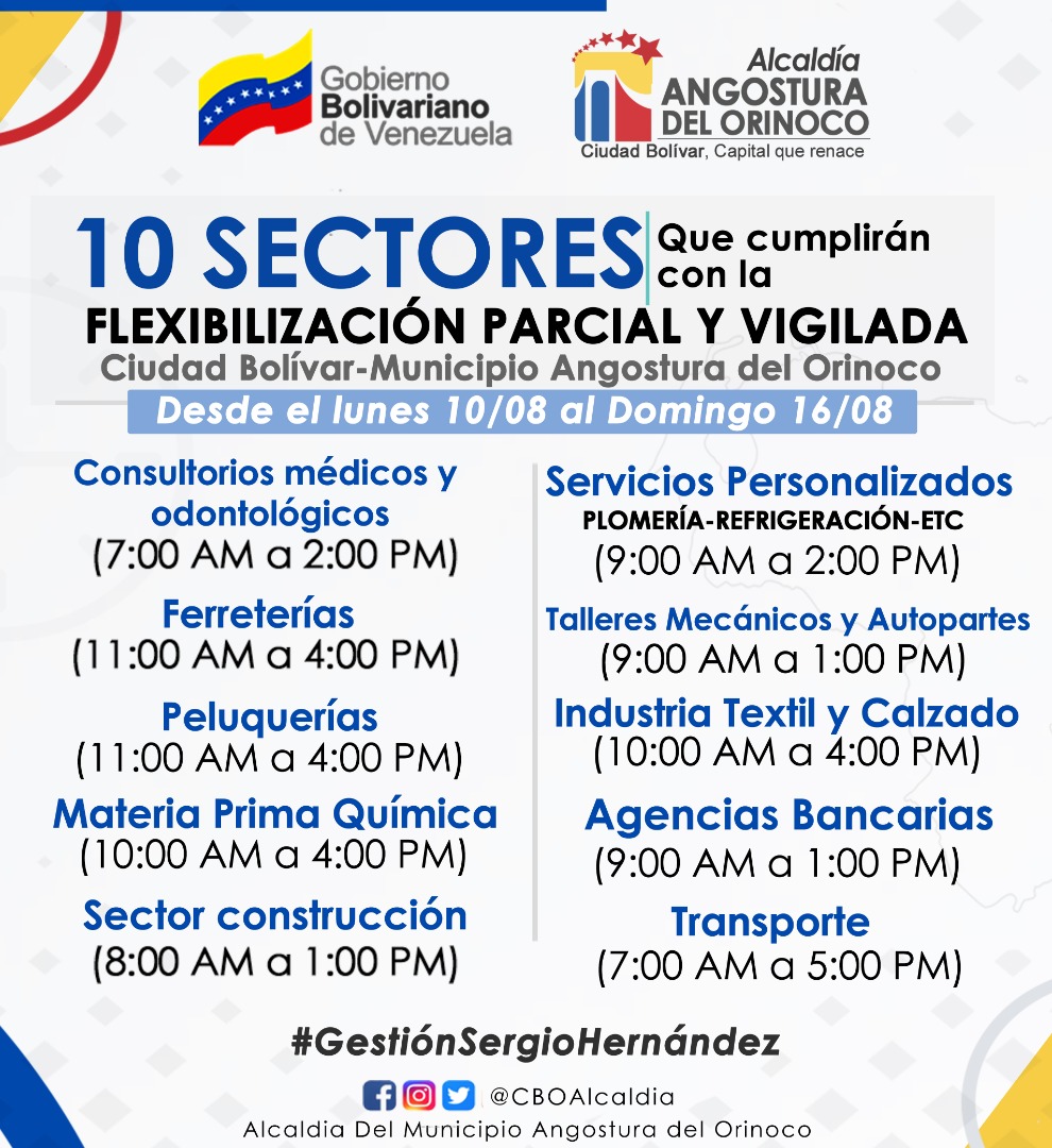 Dándole cumplimiento a lo establecido por el Presidente @NicolasMaduro a partir de mañana nuestro municipio Angostura del Orinoco da inicio a la semana de #FlexibilizaciónParcialYVigilada para seguir combatiendo al #Covid_19
#AmorYProtecciónAlPueblo 
@AlcaldeSergioH @camposreyes