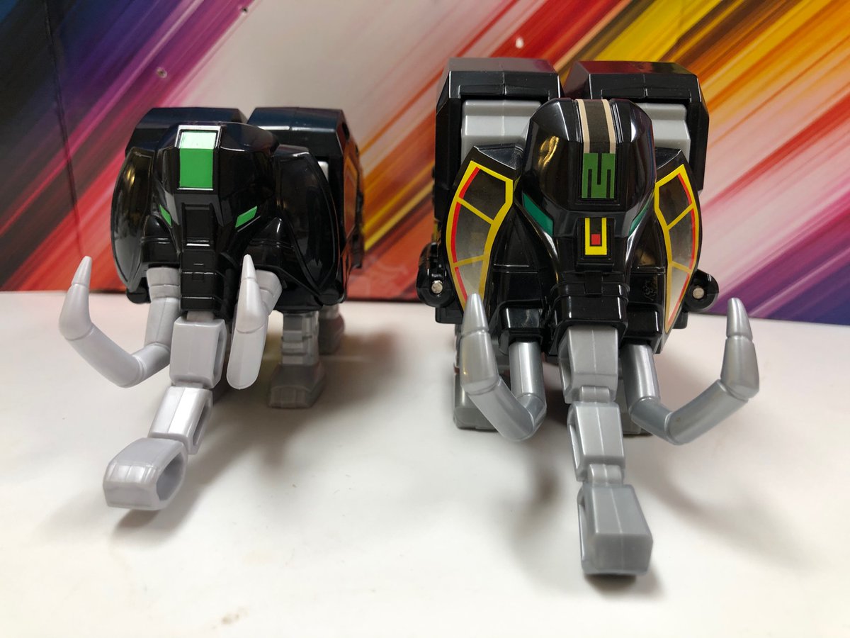 ZordBuilder's tweet photo. #Mastodon showdown. Bandai’s is bulkier, trunk drags, more stickers. Hasbro is more streamlined and has the sway joint. 

#Bandai #MMPR #megazord. 
#ComparisonTime! #Hasbro #Dinozords  #Pteradactyl #Triceratops #SaberToothTiger  #Tyrannosaurus #Zords #MightyMorphin #PowerRangers https://t.co/OB9HGfYiF1