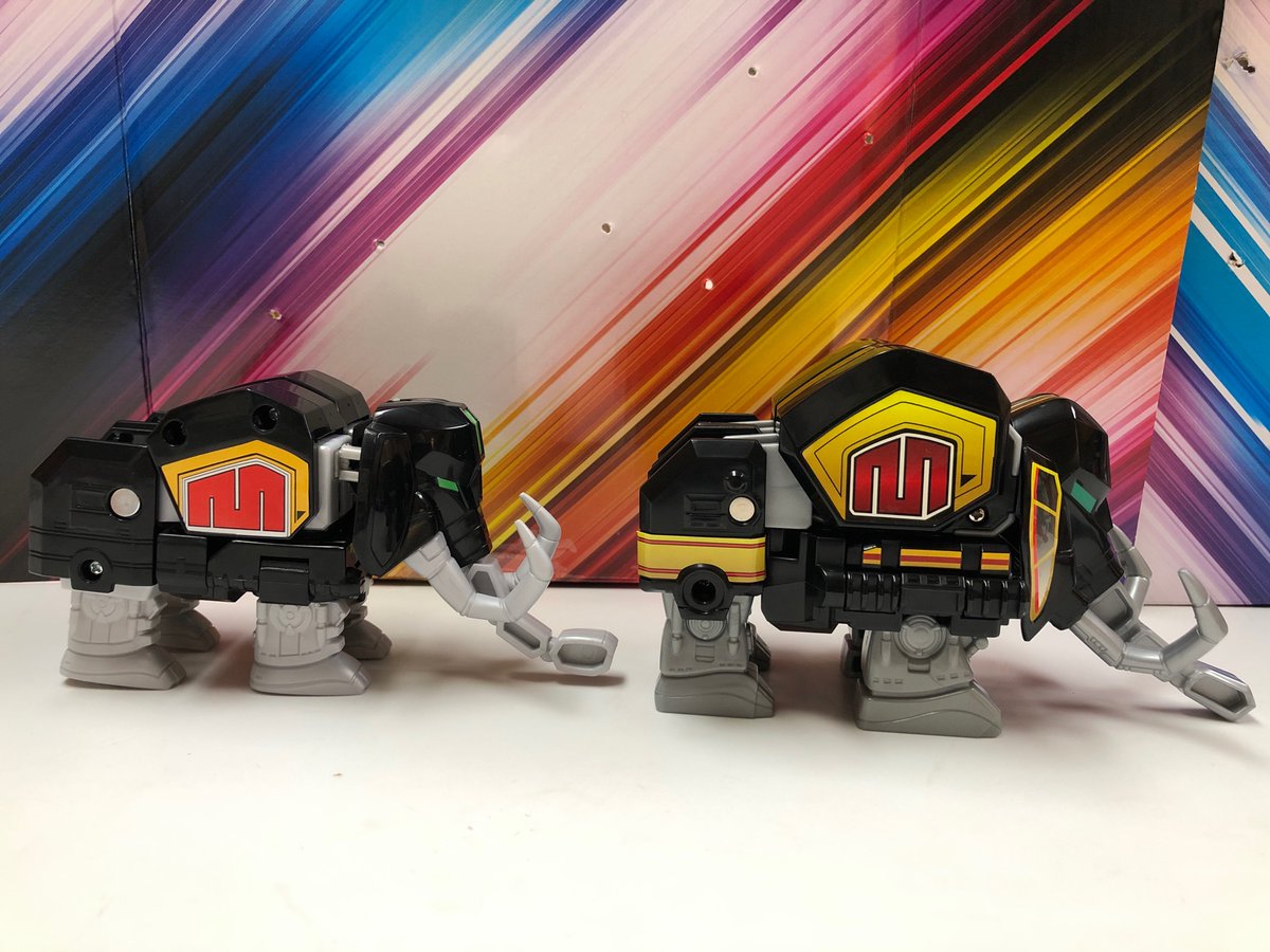ZordBuilder's tweet photo. #Mastodon showdown. Bandai’s is bulkier, trunk drags, more stickers. Hasbro is more streamlined and has the sway joint. 

#Bandai #MMPR #megazord. 
#ComparisonTime! #Hasbro #Dinozords  #Pteradactyl #Triceratops #SaberToothTiger  #Tyrannosaurus #Zords #MightyMorphin #PowerRangers https://t.co/OB9HGfYiF1