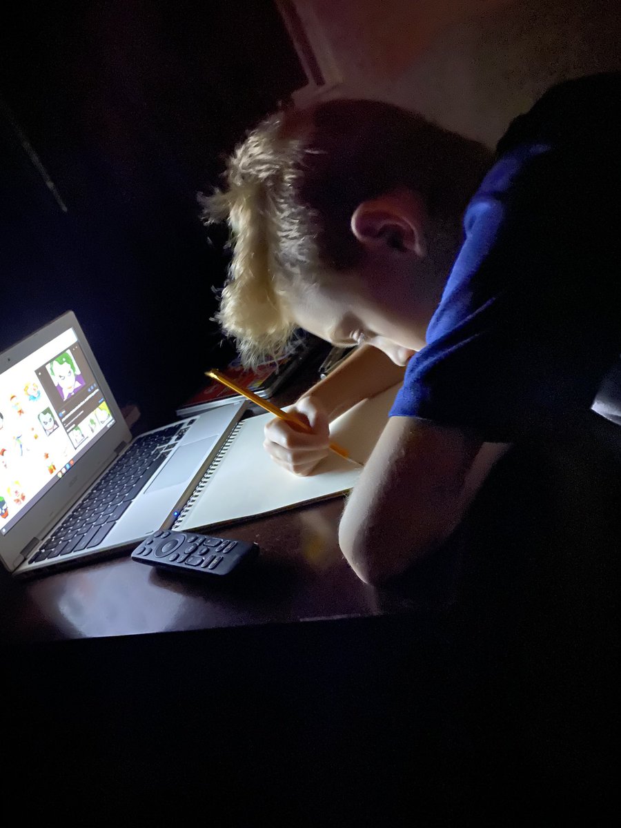 JenSmith621's tweet photo. I honestly don’t know what the school schedule will be like this year, but I hope unified arts will still be a part of it. Whether it’s art, music, or technology I hope it will find its way to our students. Pictured is my son, using his chromebook to help him draw the joker. https://t.co/aoWMssjkv2
