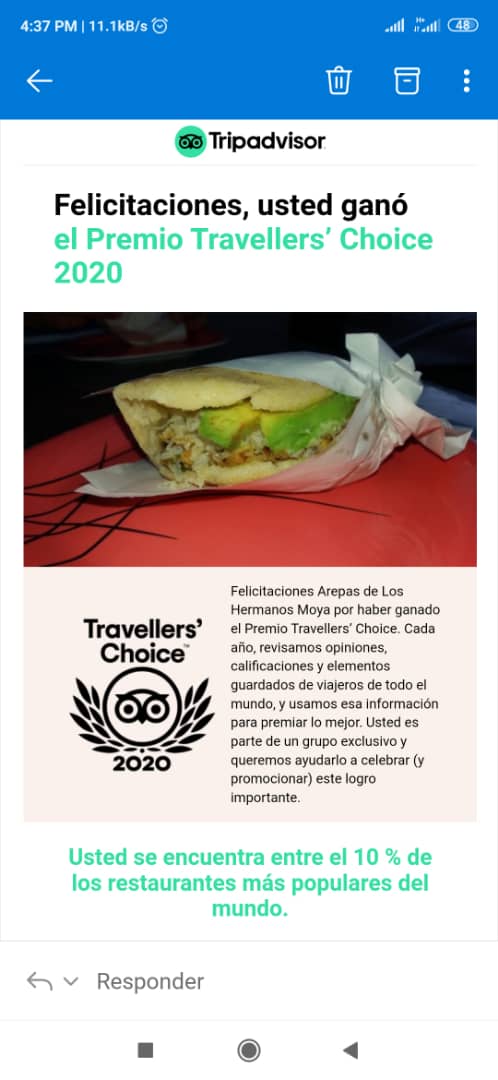 nelsonbocaranda's tweet photo. FELICITACIONES LOS HERMANOS MOYA Y SU AREPERA en Margarita por Premio Travellers Choice otorgado por  turistas que escriben a @TripAdvisor.Estadísticas muestran reseñas y opiniones de usuarios en TripAdvisor en todo el mundo 2014 a 2019, año éste con 859 millones registrados.🙌🏿 https://t.co/UTSFBlww4G