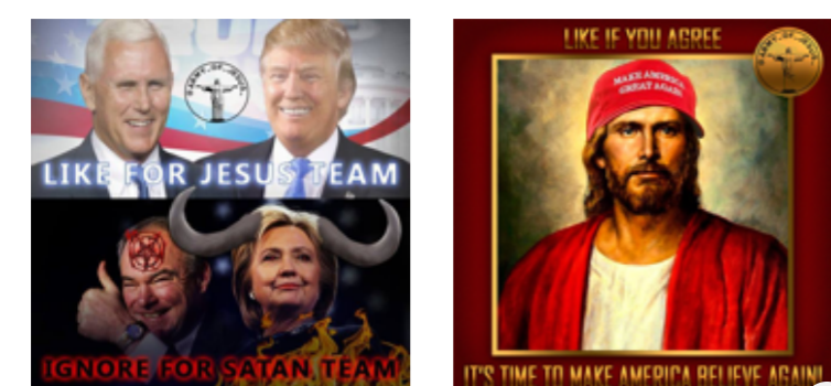 The theme selected by the IRA was deployed to create and reinforce tribalism within each targeted community. E.g for Trump and Christians. They would utilise memes associating Trump and MAGA w/ Christianity & Hilary w/ the devil.See any allusions to Qanon's rhetoric here?(7)