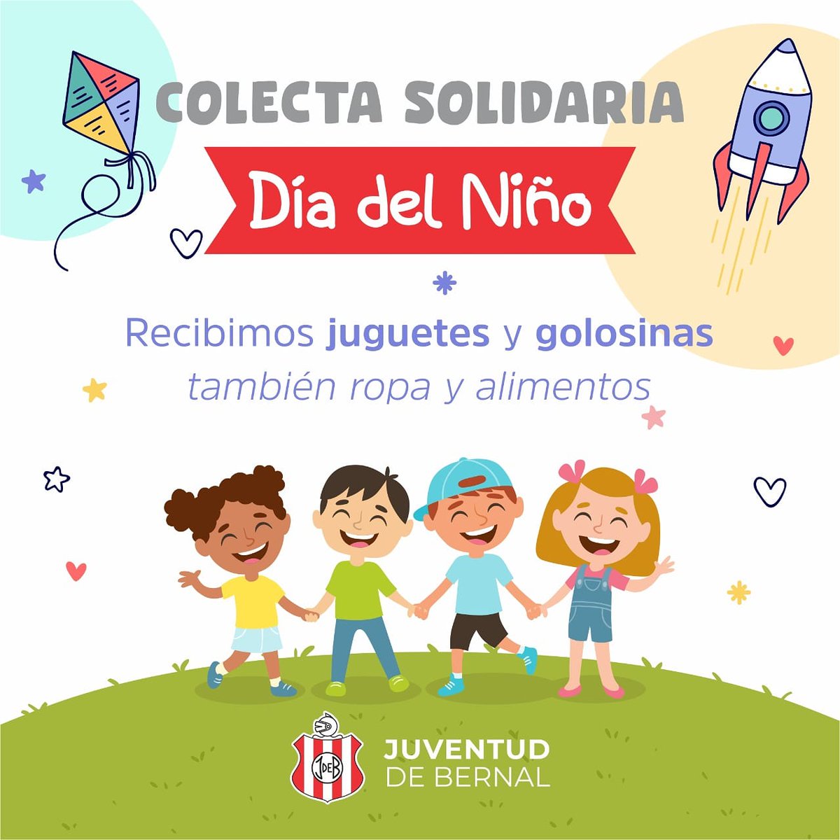 Colecta solidaria
"Día del Niño" 🎈

Recibimos juguetes y golosinas
también ropa y alimentos

➡ Martes, jueves y sábado de 10 a 14 hs
🏠 en el Club 🇦🇹

Lo recaudado será donado al comedor Virgen de Lujan en la ribera de Bernal
