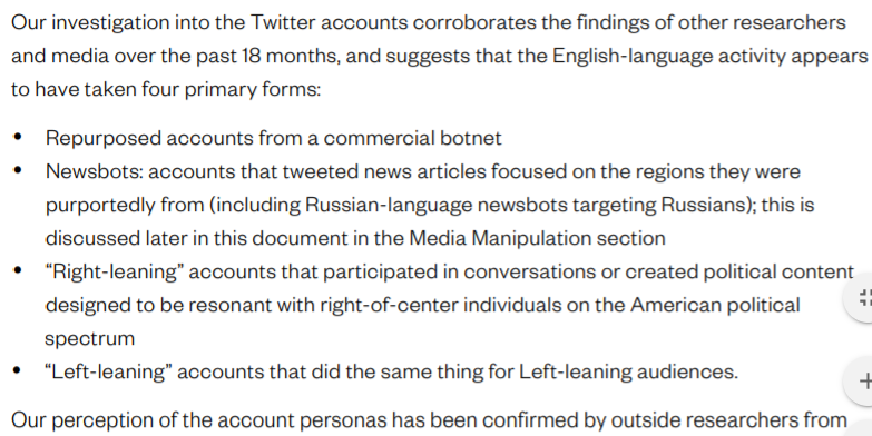 On twitter they had 3841 persona accounts. Their activity took four forms:- Repurposed accounts- Newsbots accounts:- Right-leaning accounts- Left leaning accounts(10)