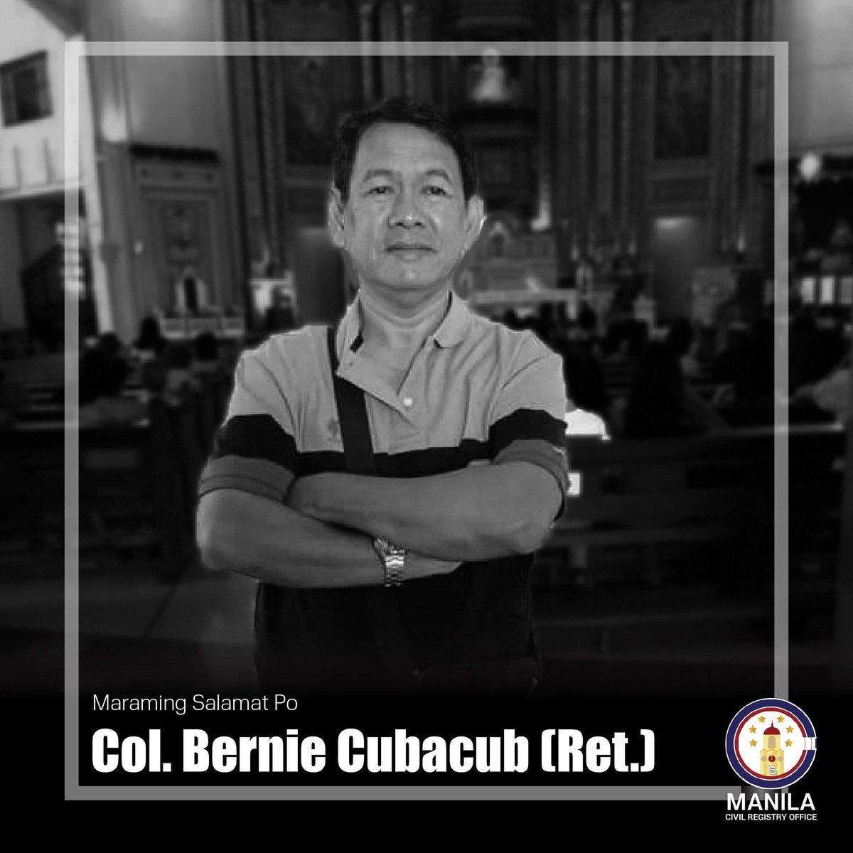 ManilaCRO's tweet photo. Ang Tanggapan ng Talaang Sibil ng Maynila ay lubos na nakikiramay sa mga naulila ng isa sa mga empleyado at kapamilya ng Tanggapan ng Talaang Sibil ng Maynila.

Taos puso po kaming nagpapasalamat sa inyong serbisyo sa Tanggapan. https://t.co/HWrXtFryIr