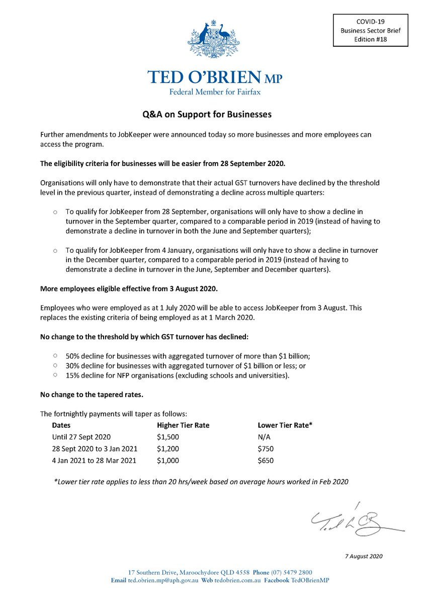 Latest Q &amp; A on Support for Business from Ted O'Brien MP with further amendments to JobKeeper being announced recently so more businesses and more employees can access the program.

Read more via lnkd.in/dGnGhnC