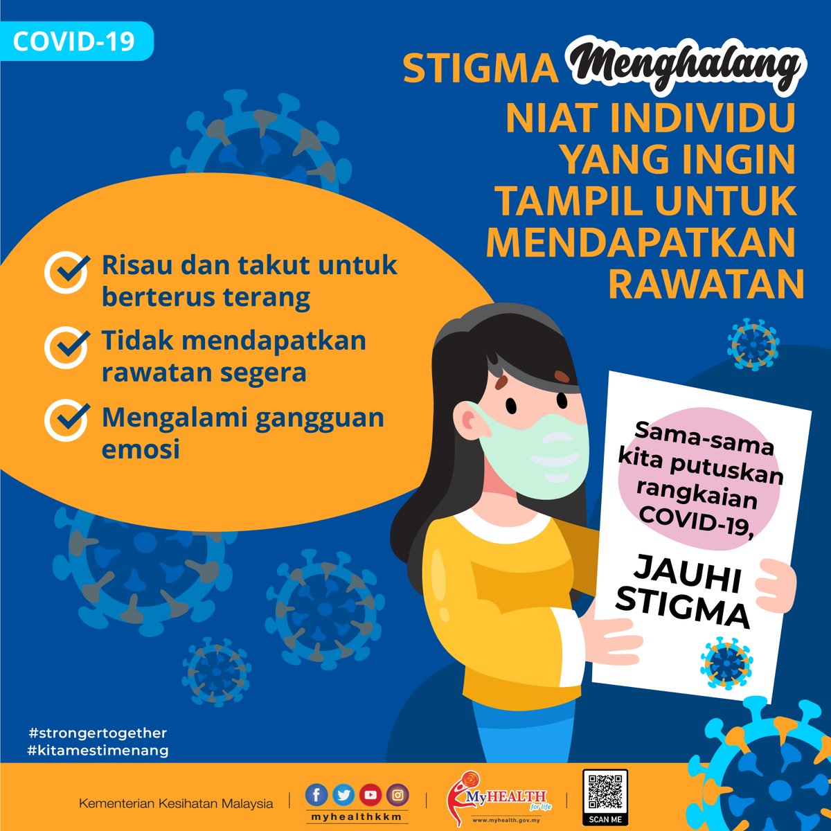 MyHEALTHKKM's tweet photo. Stigma menghalang niat individu yang ingin tampil untuk mendapatkan rawatan.

Mari bersama jauhi stigma terhadap pesakit dan keluarga.

Mereka tidak minta dijangkiti.

Bersama hentikan wabak COVID-19.

#COVID19
#KitaTeguhKitaMenang
#sihatmilikku
#walkthetalk https://t.co/6jAbj4jAQG