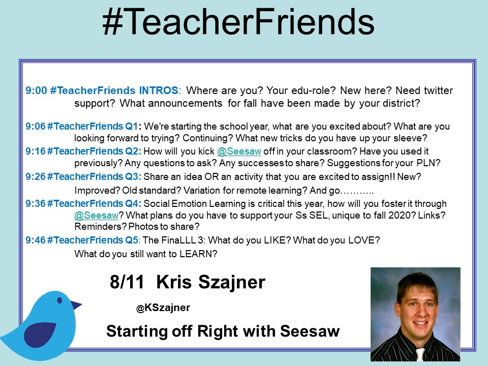 KweezleQueen's tweet photo. #TeacherFriends Tues evening's chat will focus on the use of @Seesaw and we have a guest with lots of experience to share. 

Here are the questions that Kris @KSzajner will guide us through. Set your alarm. Please ReTweet. https://t.co/FMcTBeZ5za