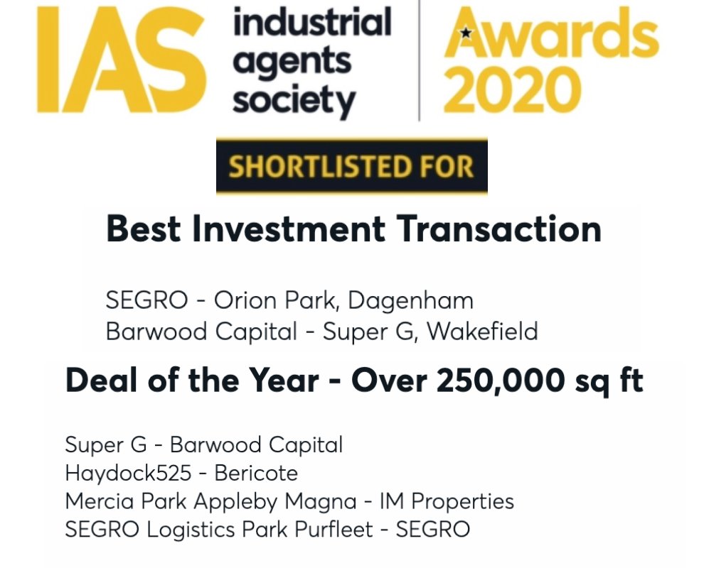 We are pleased to announce that Super G, Wakefield has been shortlisted for Best Investment Transaction at the IAS Awards. Great to see it shortlisted for Deal of the Year over 250k as well! Well done to our clients <a href="/barwood_capital/">Barwood Capital</a> &amp; <a href="/Tungsten_prop/">Tungsten Properties</a> #logistics #IASAwards #Deals