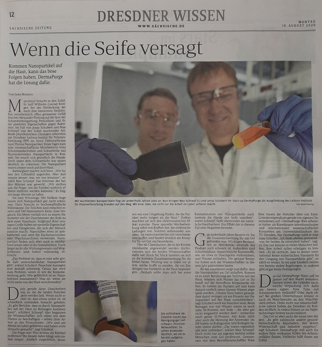 Big thanks to @JanaMundus for this article on our startup DermaPurge in the Sächsische Zeitung. #nanotechnology #startup #sciencenews #nanoscience