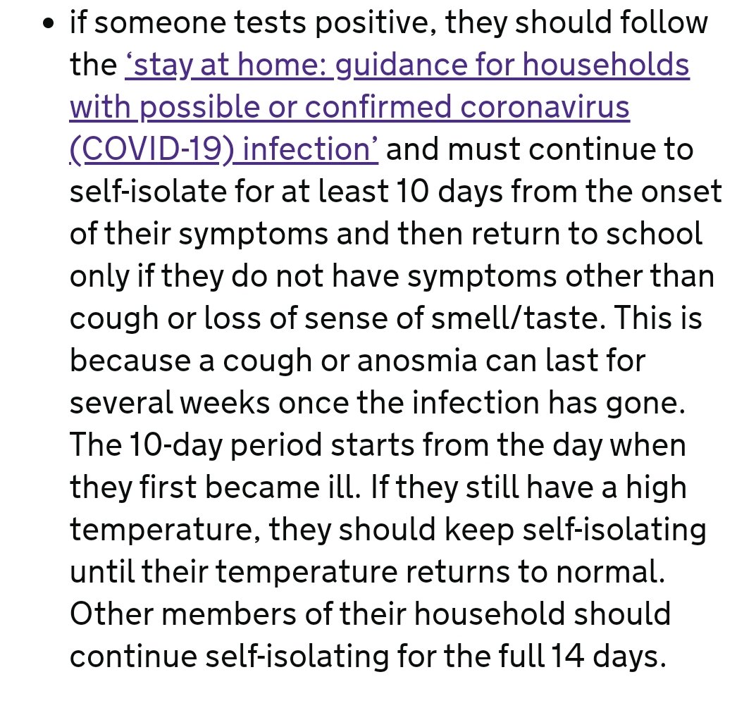 5/ in contact could be spreading asymptomatically for several days whilst we wait for results on the symptomatic individual.If positive then they isolate for 10 days but can return as long as they don't have a fever, even if they are still coughing or have anosmia.