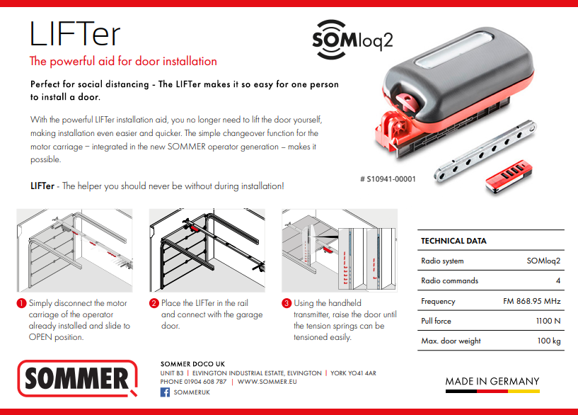 Solo and socially distanced garage door fitting is made easy with the SOMMER LIFTer!
