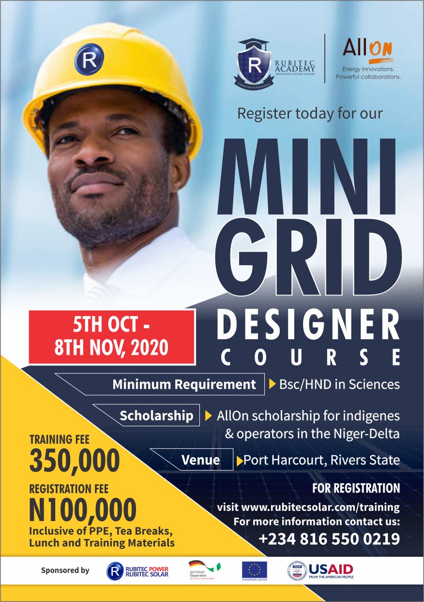 Do you have a Higher National Diploma (HND) or BSc in electrical or mechanical or comparable or university degree in physics or comparable?
Register now and participate in our Mini-grid Designer Training (MGD) and be certified by the Nigerian Energy Support Program (NESP),