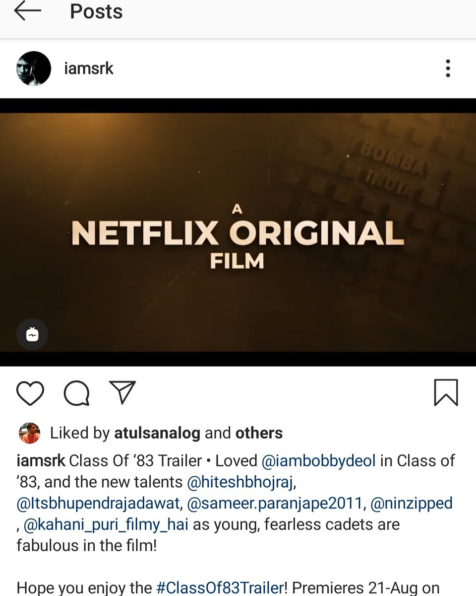 When the indomitable Mr Shahrukh Khan tags you in a post, all you do is express gratitude and no more. #ClassOf83 on <a href="/netflix_in/">Netflix India</a> , 21st August. <a href="/iamsrk/">Shah Rukh Khan</a> Many Thanks !! Hope to meet again when these tough times pass away and shake you by the hand.