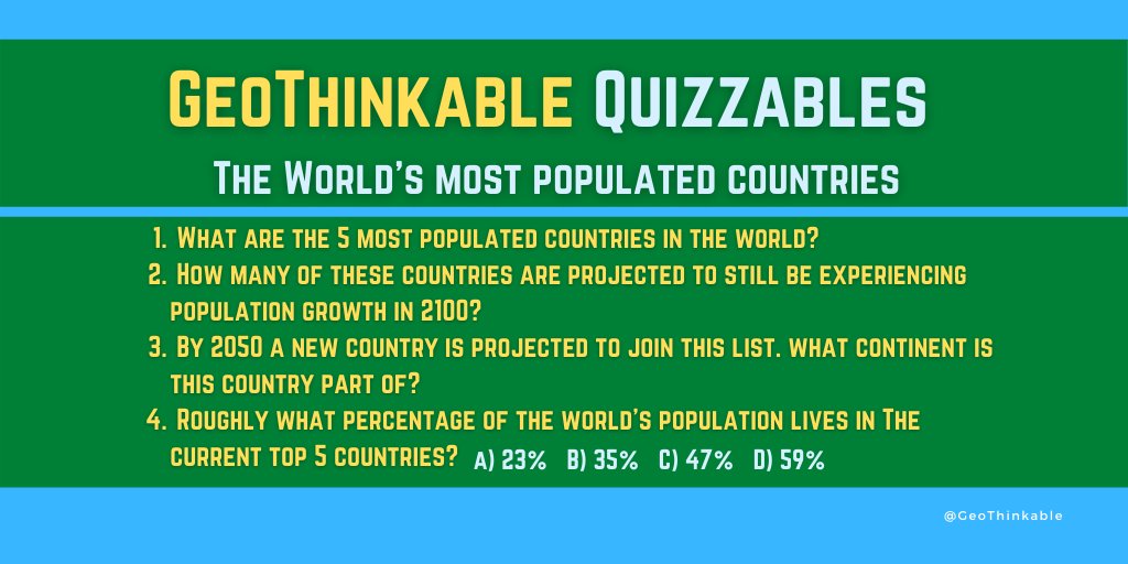 GeoThinkable's tweet photo. 🌏Geothinkable Quizzables🌎
Follow us this week for a quiz a day to about world's most populated countries. 
🌏Round One: The Top 5🌎
Answers will be shared tomorrow along with the next questions. Good luck!
#geographyteacher #geographyquiz #geothinkable #geography #population https://t.co/GctFmYOJwO
