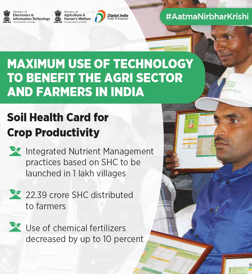 GoI_MeitY's tweet photo. #AatmaNirbharKrishi | The new measures taken by GoI, under the guidance of Hon'ble PM @narendramodi for agriculture sector in India will ensure the welfare and sustainability of livelihoods for the farmers of India. @SoilHealthCard @AgriGoI  

Read more : https://t.co/TFiaUOJ8KH https://t.co/NENLKgIw9J