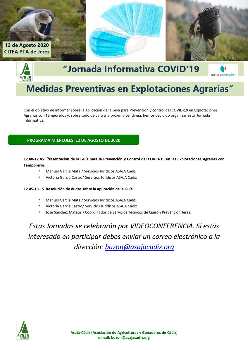 ASAJACADIZ's tweet photo. 📌Apunta: El próximo miércoles, 12 de agosto a las 12 horas, #videoconferencia sobre la Guía para la Prevención y Control del covid-19.  Sus principios y medidas, así como la resolución de dudas.  Escríbenos a📩  buzon@asajacadiz.org  y recibirás enlace de conexión. Más info👇 https://t.co/YGhLFvY7R9