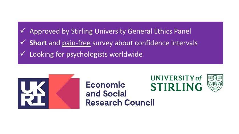 Dr Lizzie C (@lizzie_psych) on Twitter photo 🔊 Are you a psychologist trying to keep up with changes in statistics, like adding #confidenceintervals to your results? Love them? Hate them? Totally neutral? Confused more than anything? Please take my short & sweet survey! Link ➡️stirlingpsych.eu.qualtrics.com/jfe/form/SV_0O… #AcademicChatter 🔊 Are you a psychologist trying to keep up with changes in statistics, like adding #confidenceintervals to your results? Love them? Hate them? Totally neutral? Confused more than anything? Please take my short & sweet survey! Link ➡️stirlingpsych.eu.qualtrics.com/jfe/form/SV_0O… #AcademicChatter