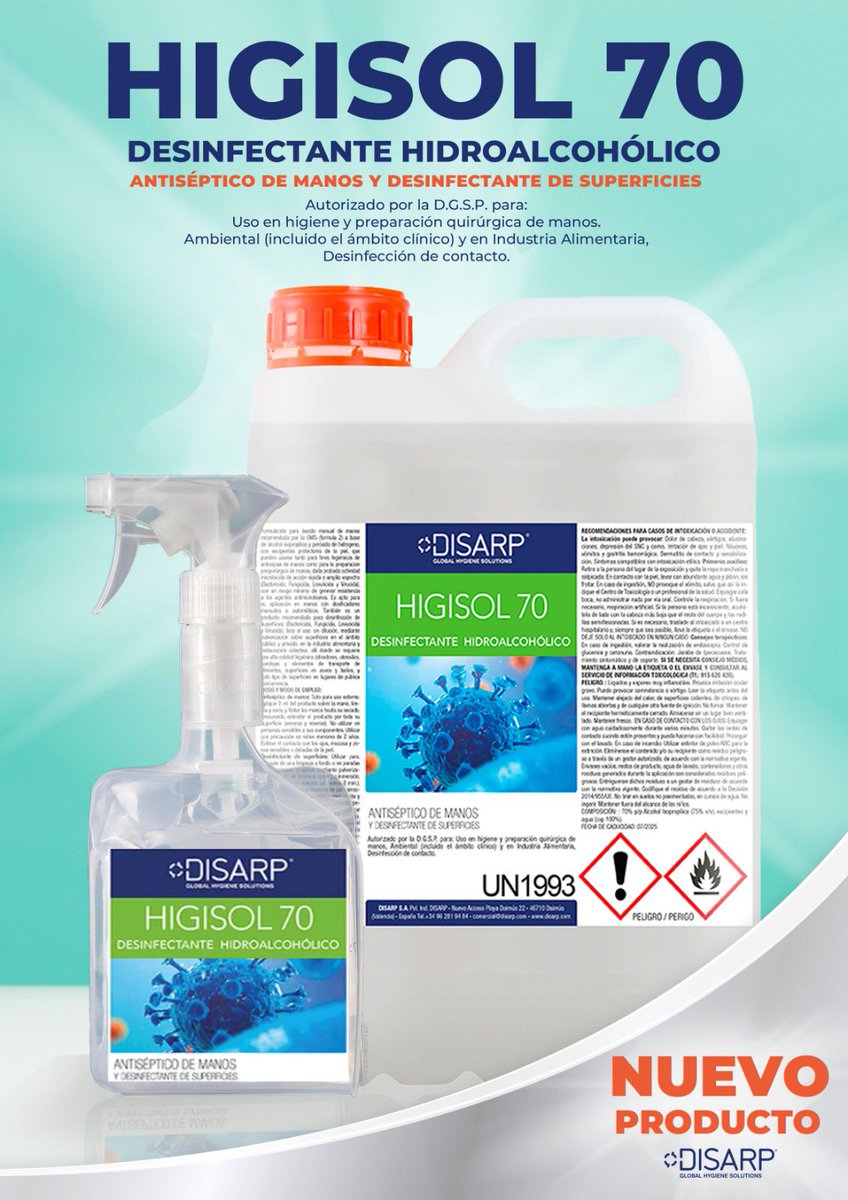 Disarp's tweet image. Empezamos el lunes con buenas noticias. Higisol 70, producto exclusivo de #DISARP recibe certificación oficial para limpieza de manos y superficies contra el #covid19. 

Además es perfecto para el uso hospitalario y quirúrgico. 

#sanidad #higiene