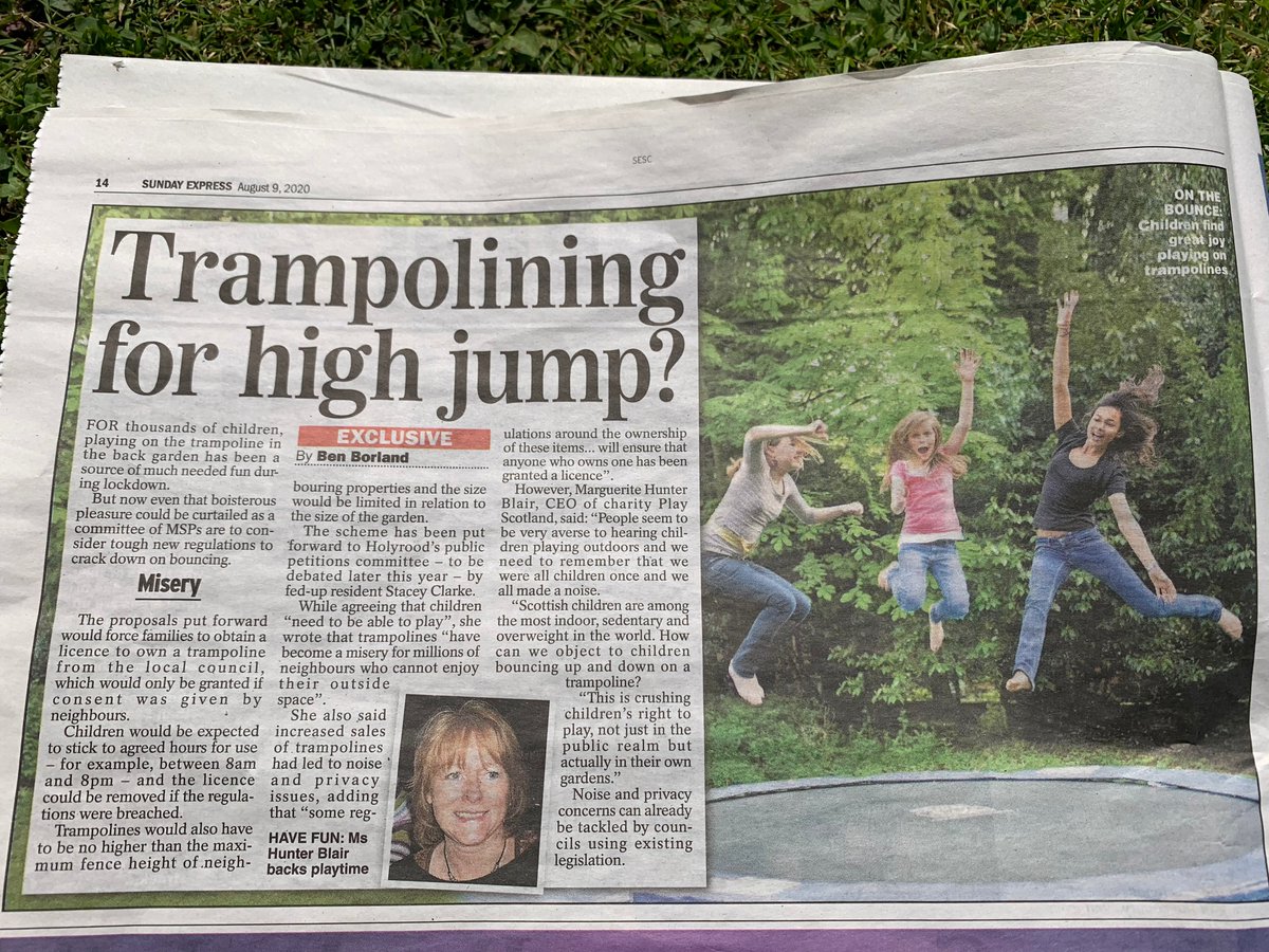 PlayScotland's tweet photo. A committee of MSPs are to consider tough new regulations on owning trampolines.

Marguerite Hunter Blair, CEO of Play Scotland "This is crushing children's right to play, not just in the public realm but actually in their own gardens." 👇 https://t.co/fToor8rJZl