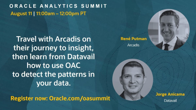 Tushank_Sharma's tweet image. The #OASummit is back on August 11! Join @Oracle customer Arcadis and partner Datavail discuss their journey and best practices with @OracleAnalytics #Cloud. bit.ly/3aa3Ujy