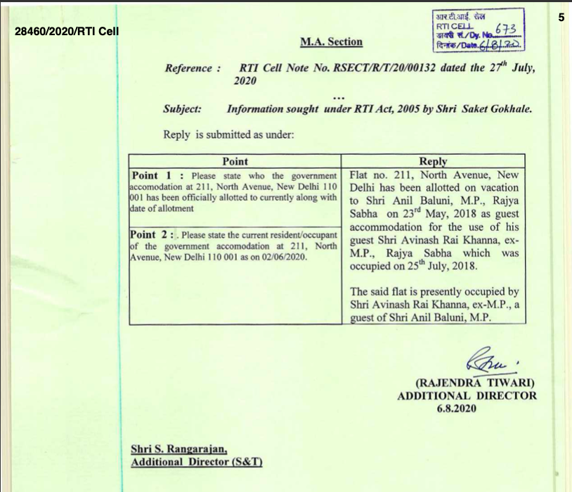 Turns out 211, North Avenue has been officially allotted to BJP MP & national media head Anil Baluni as a "guest accommodation" in 2018.Baluni already had an MP bungalow for his accommodation at 20, Gurudwara Rakabganj Road. This 2nd housing is for his "guest".(2/5)