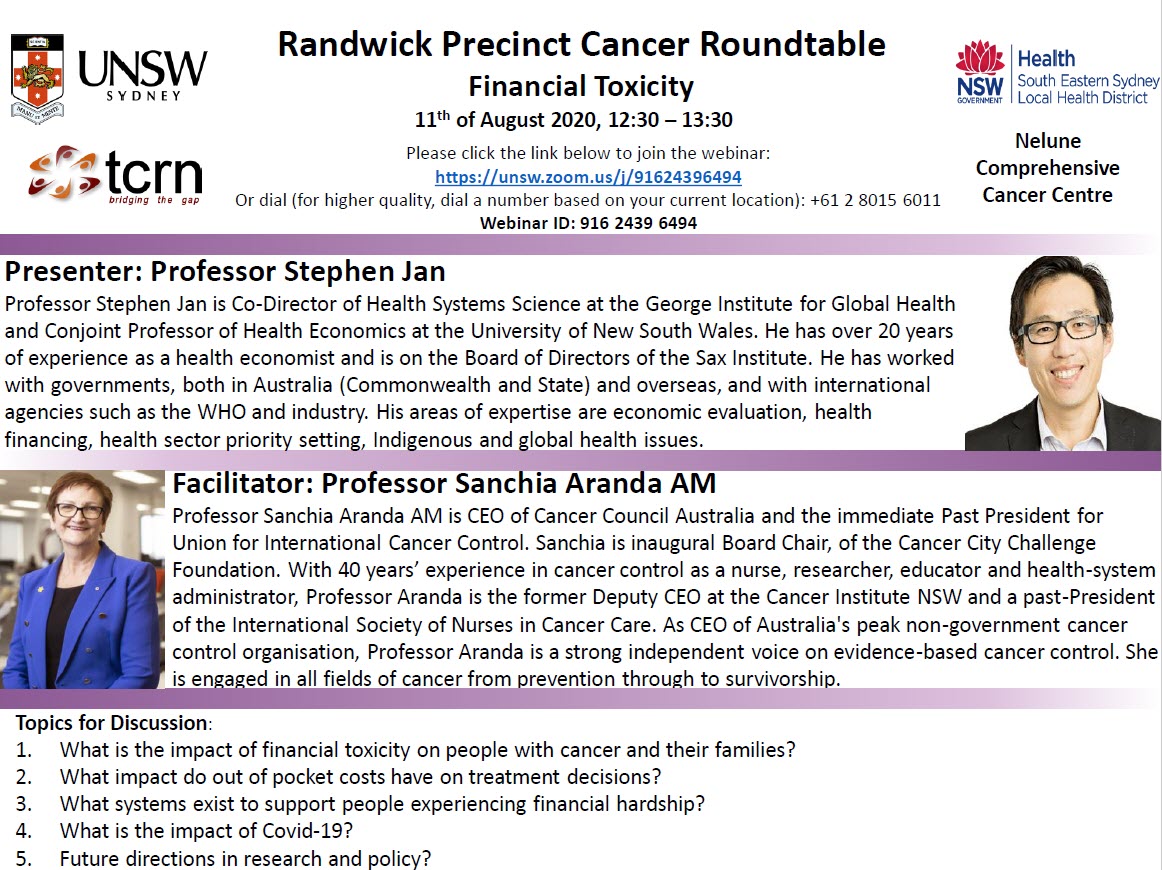 CancerSPHERE's tweet photo. Don't miss the next Randwick Precinct Cancer Roundtable. Prof Stephen Jan will present on #FinancialToxicity with Prof Sanchia Aranda AM facilitating.

Online at 12:30-13:30, Tue 11 Aug 2020 https://t.co/2QgKItvflz

#CancerResearch #WorkingTogether https://t.co/eKwDyj8tVv