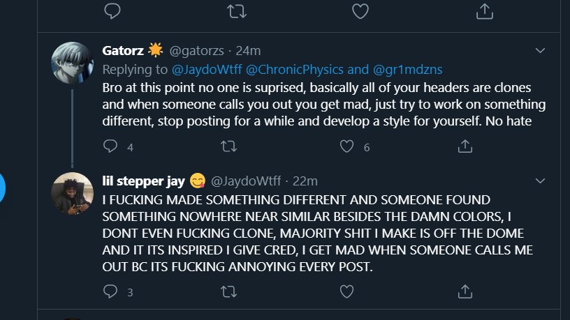 DesignerBeef's tweet image. Todays Designer Beef:

Ransom aka Jay being accused of cloning another header and its clearly a clone, then renzo and jay had an argument on the timeline